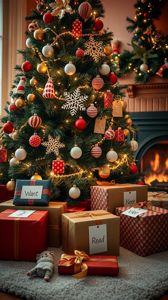 A Christmas tree with gifts labeled for the 4 Gift Rule: Want, Need, Wear, Read.